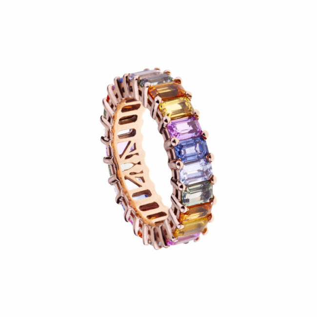 Anello square eternity con zaffiri rainbow multicolor